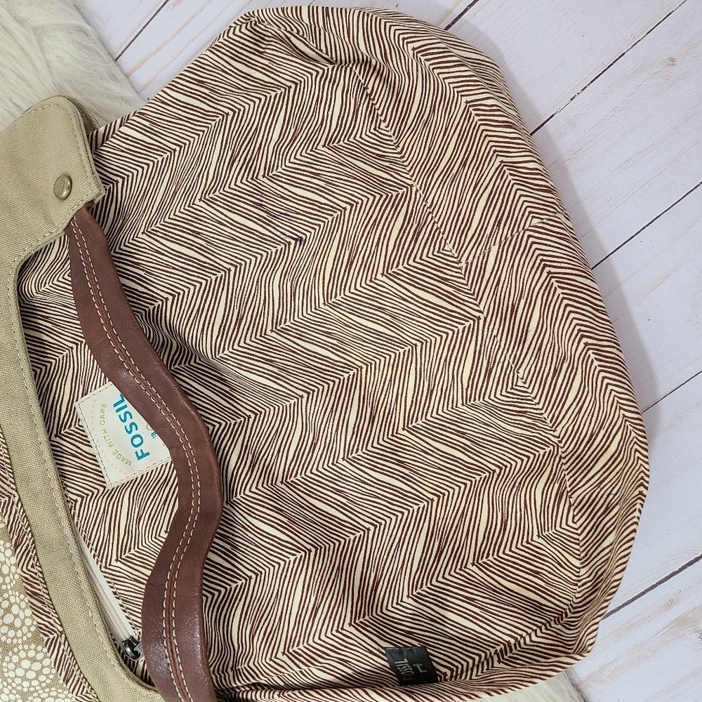 Vintage Fossil beaded canvas bag floral raffia sage green large - Picture 8 of 10